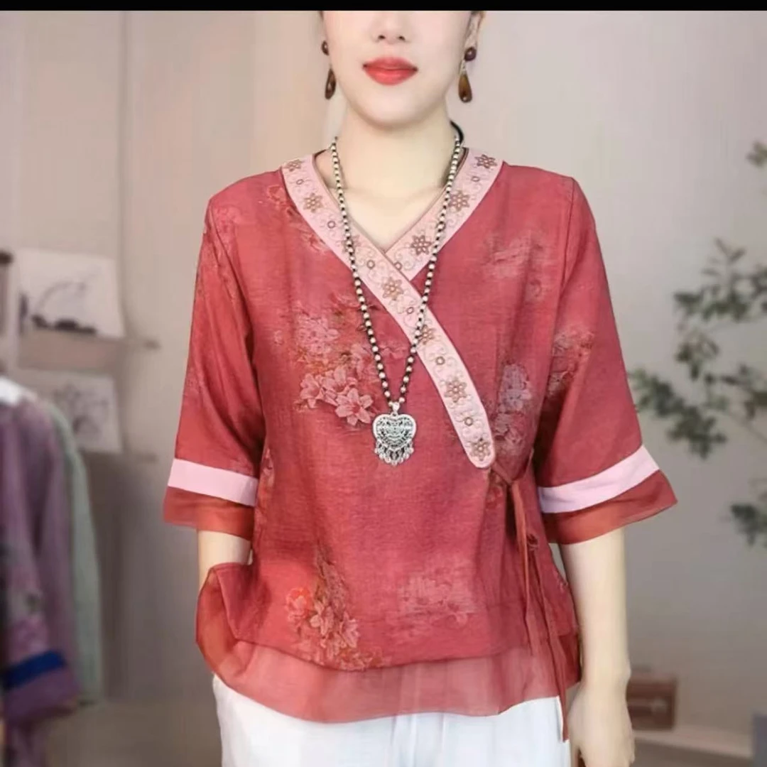 2025夏显瘦百搭气质文艺古风宽松中国风斜襟复古名族风休闲上衣