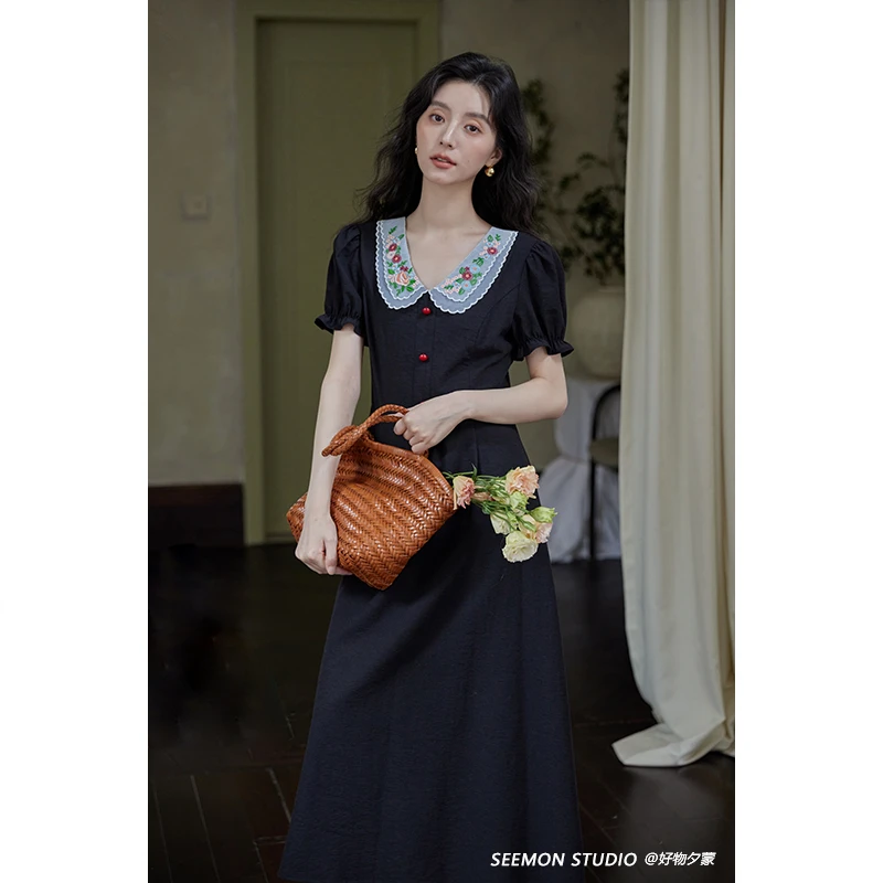 Seemon夏黑色复古小个子设计感小众甜美法式气质连衣裙女Q17326