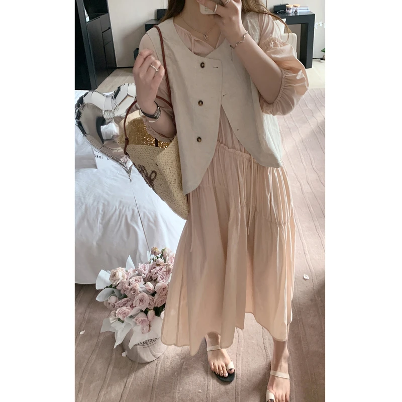 【ALINDM年中大清仓】胖妹妹马甲套装夏200斤显瘦v领连衣裙AS24798