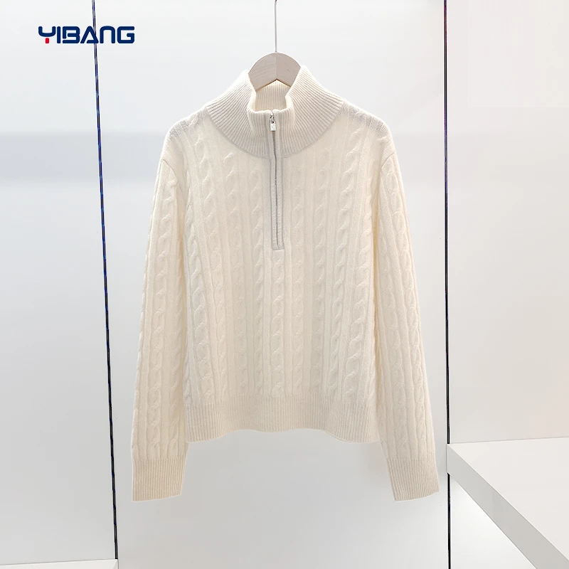 谊邦『康赛妮小山羊绒』秋冬厚款半襟绞花拉链衫时尚百搭女装上衣女