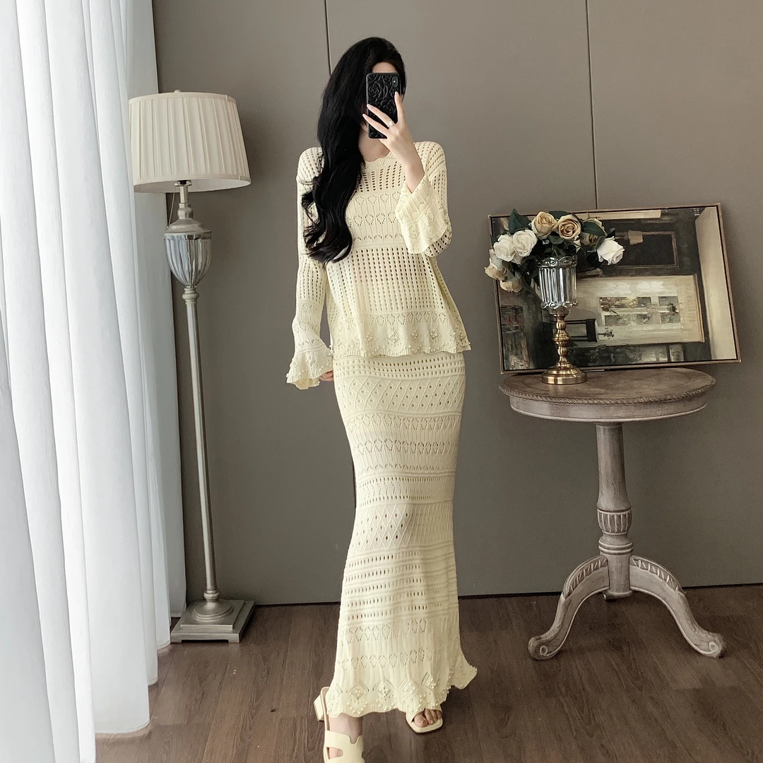 法式小香风淑女针织套装2025秋季新款温柔镂空上衣半身长裙两件套