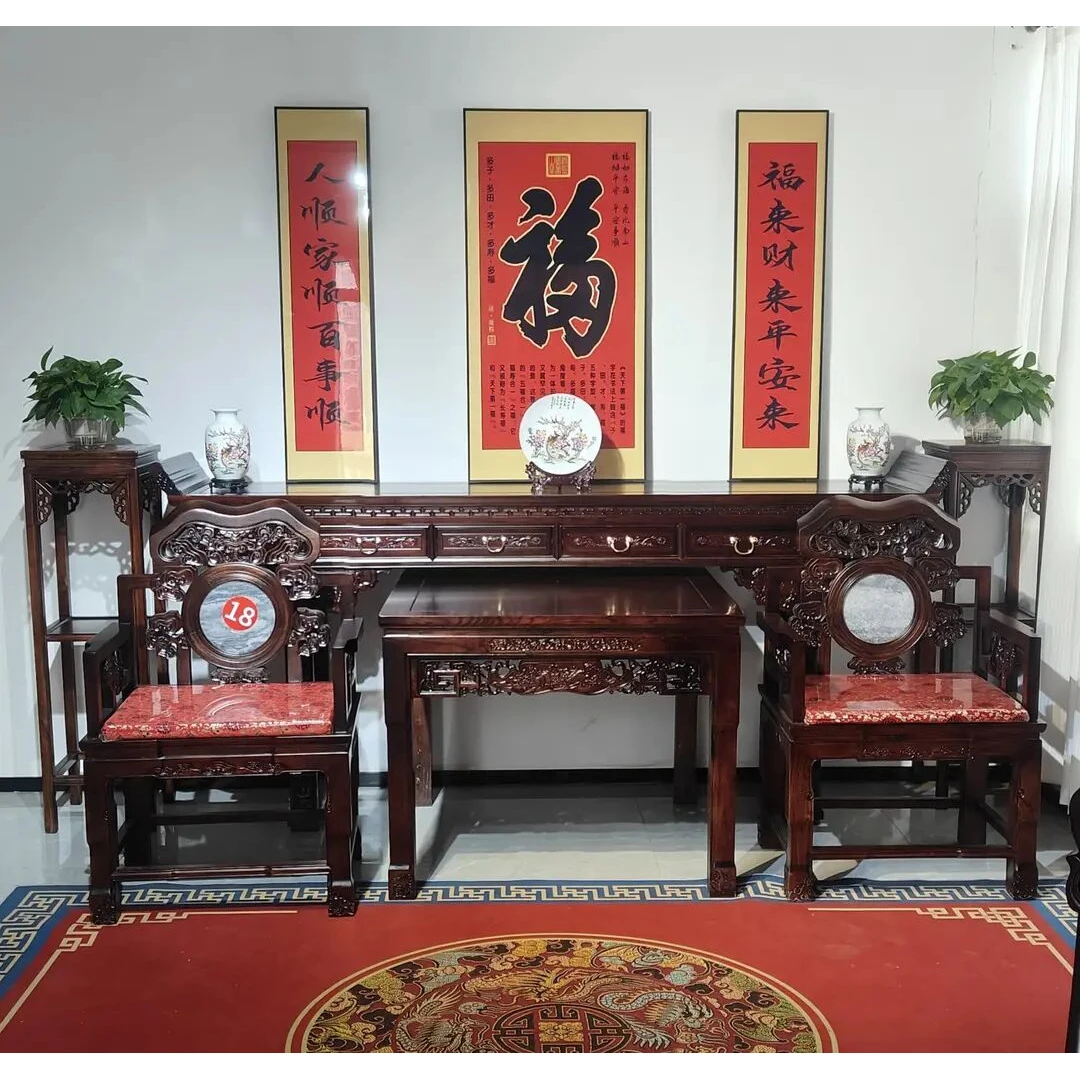 实木中堂六件套老榆木客厅家具套件条案八仙桌古典雕花农村别墅家