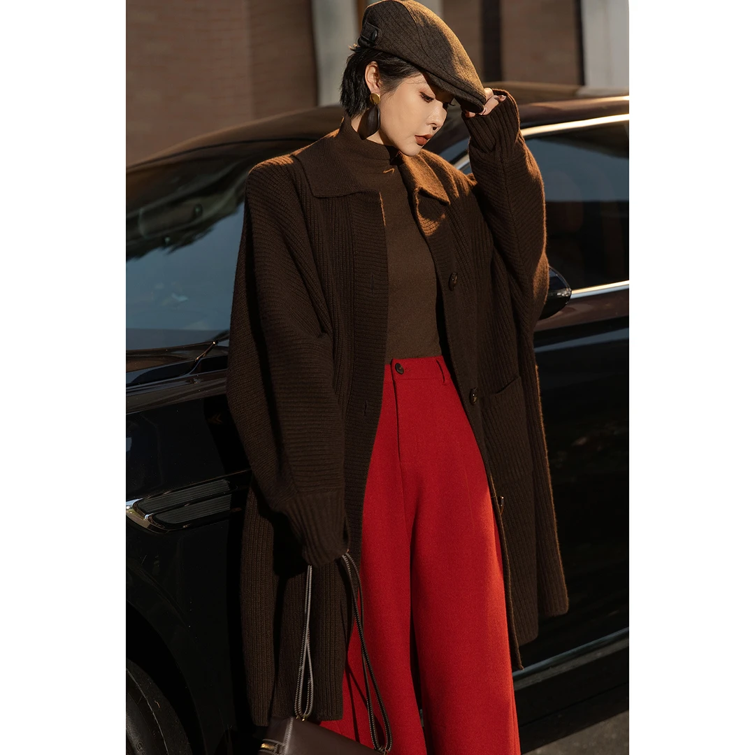 【街拍】腔调款全羊毛加厚毛织慵懒廓形中长款毛衣外套女咖