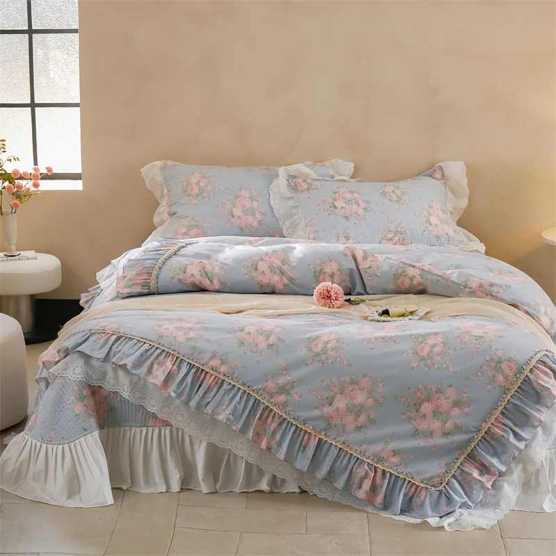 【晴美】法式风全棉床盖四件套-梦幻花园系列-蓝