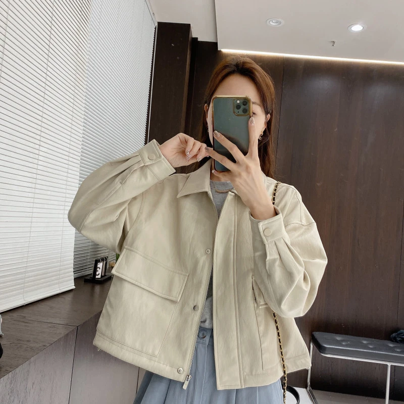 IMFLY金小金自制女装 短外套DYW8625春季时髦拉链皮夹克上衣女