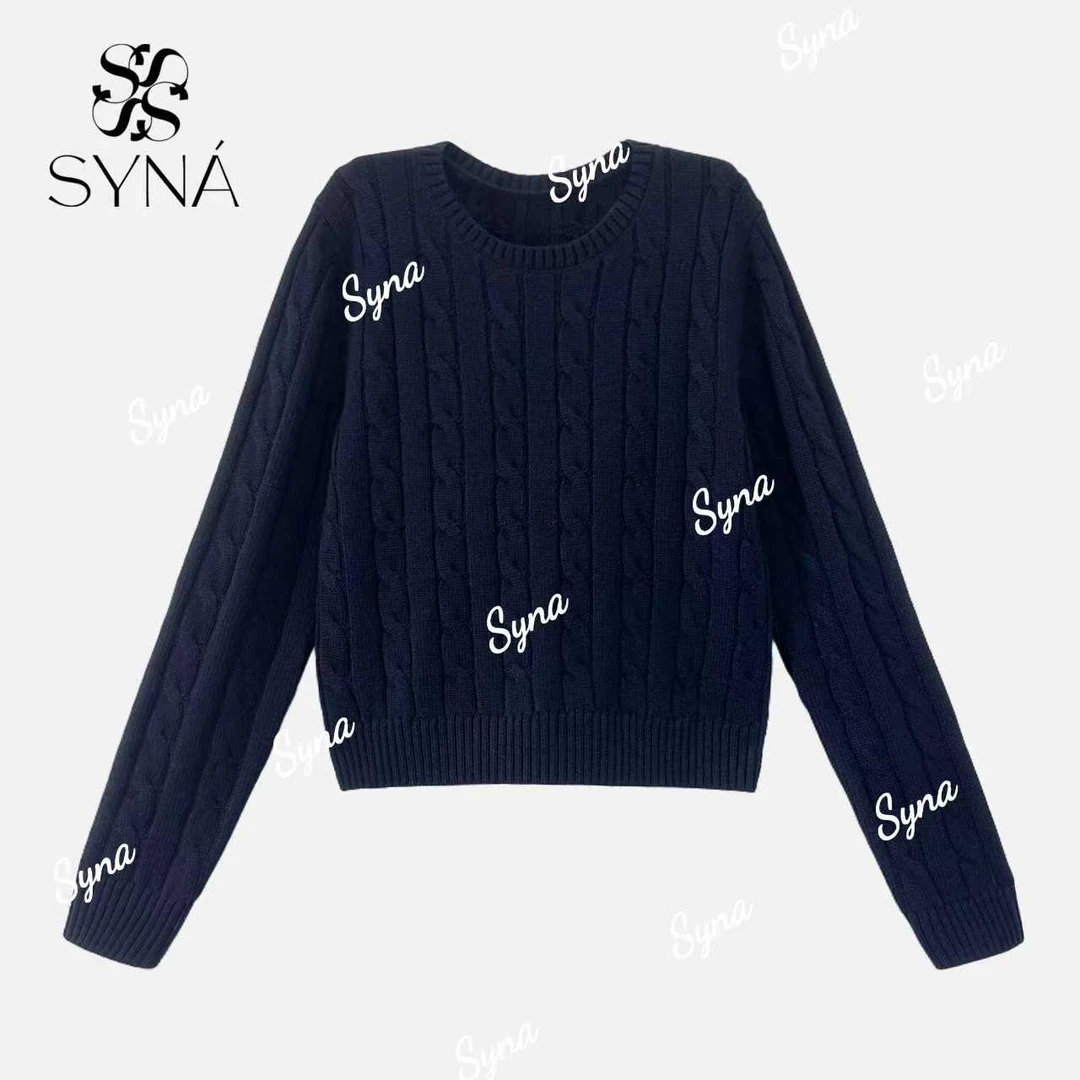 100绵羊毛麻花纹肌理感圆领套头针织衫