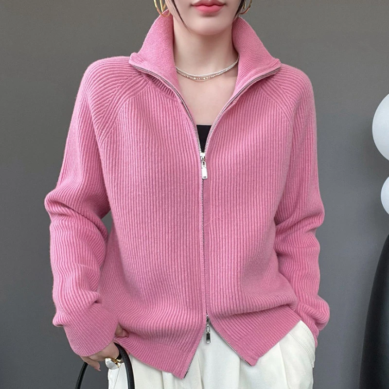 慵懒风双拉链毛衣外套2025秋冬季新款宽松休闲软糯针织开衫女上衣