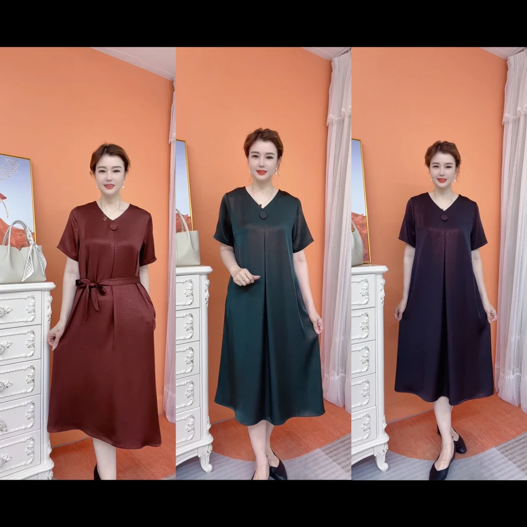 夏季新款v领时尚洋气百搭宽松遮肉显瘦连衣裙中老年妈妈装09