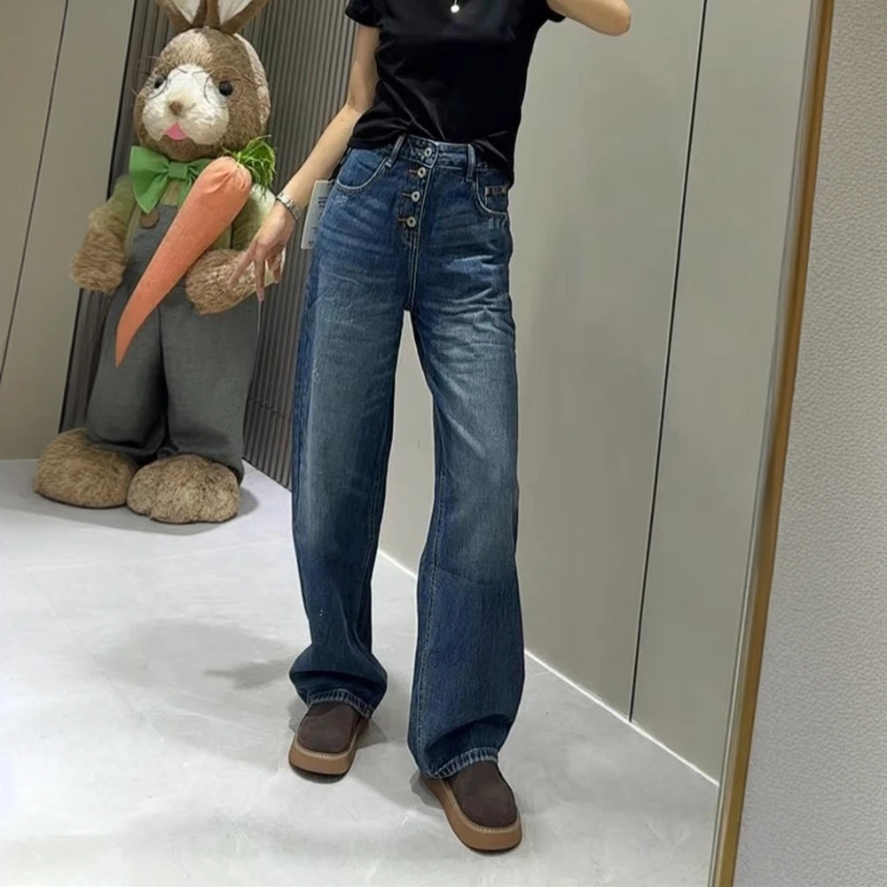 单排多扣直筒牛仔裤女2025秋季新款高腰宽松显瘦百搭窄版阔腿裤子