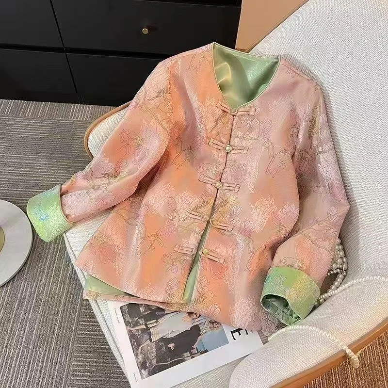 新中式拼接提花盘扣外套女2025新款长袖春秋款时尚短款国风上衣