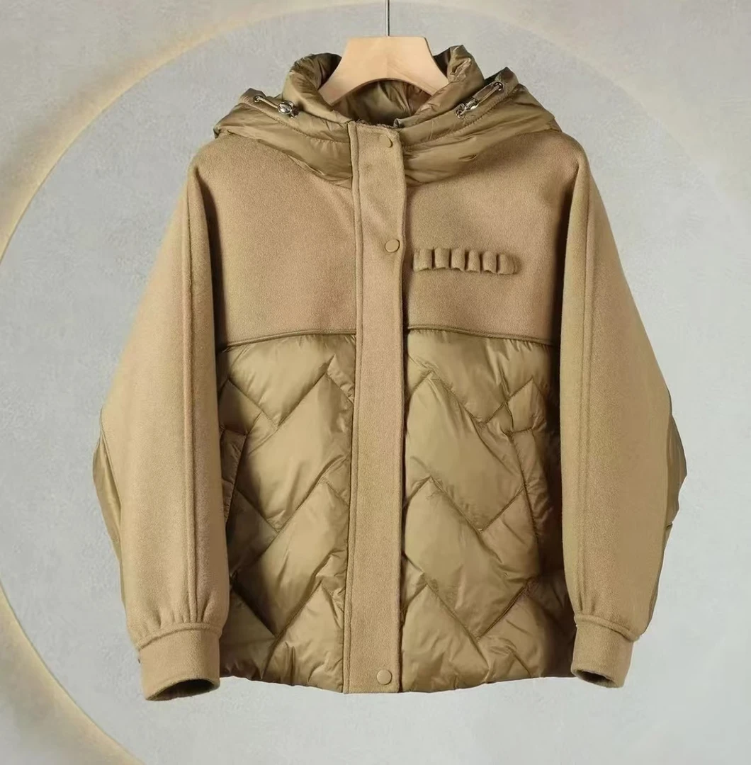 【娟子私服】3F5515两色羊毛拼接羽绒外套时尚百搭休闲款毛呢外套