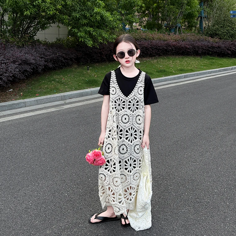 女童夏季连衣裙2025新款儿童裙子中大童背心公主裙镂空马甲两件套