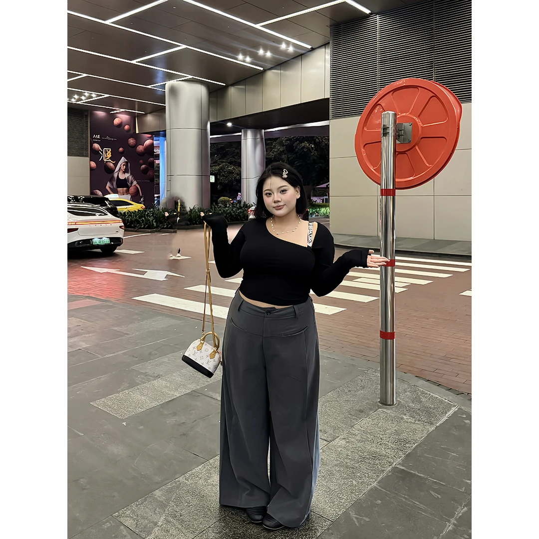 全球花【雅痞美学】大码秋季高级感灰色高腰垂感西装裤斜肩长袖T恤