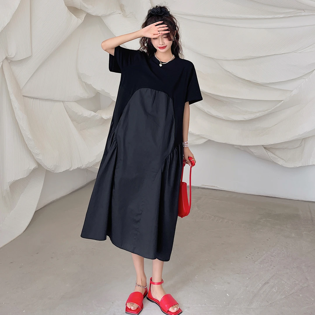 2025夏新款/拼接简约纯色大码小黑裙中长款宽松休闲显瘦连衣裙女