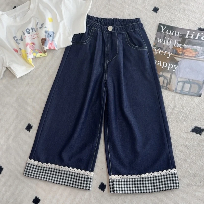 女童牛仔裤夏季2025新款潮儿童花边裤子夏装中大童薄款阔腿裤
