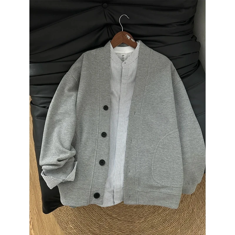 cleanfit开衫卫衣男秋季华夫格慵懒风针织外套简约风美式宽松上衣