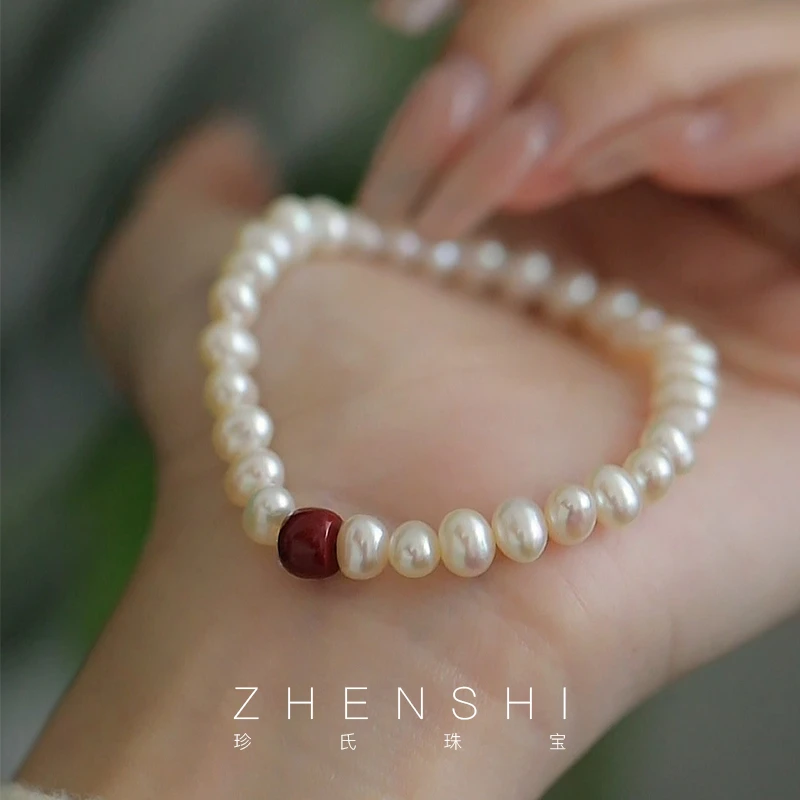 珍氏珠宝 天然淡水珍珠手链女 新中式朱砂轻奢气质高级手饰（纤琼）