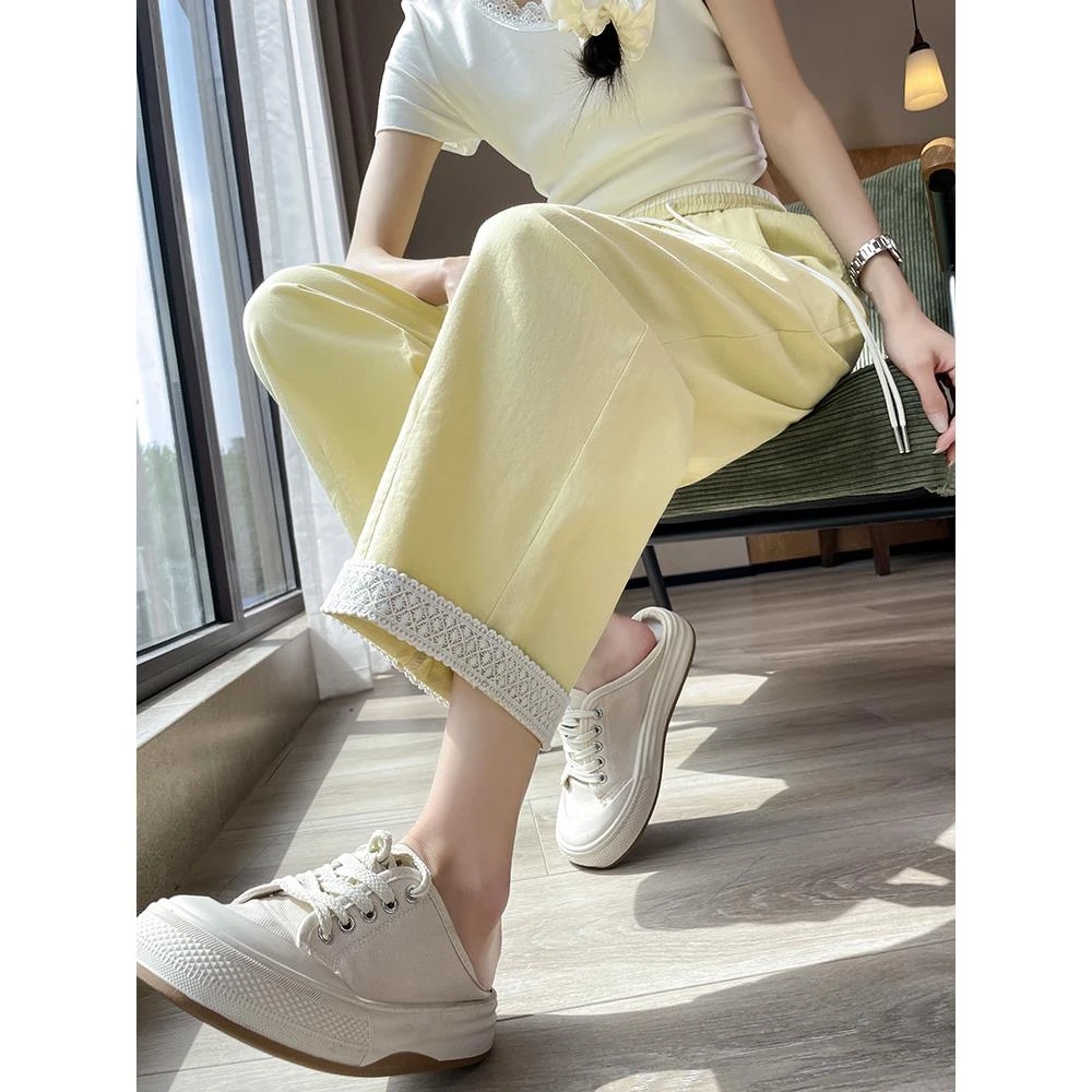 2025新款蕾丝花边阔腿裤女春秋高腰显瘦直筒休闲裤宽松百搭九分裤