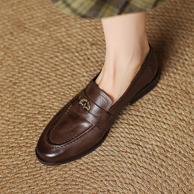 牛皮2cm金币复古平底豆豆鞋深口乐福鞋女舒适百搭一脚蹬懒人单鞋