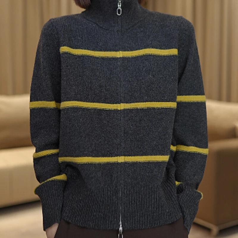 28571冬季新款满分羊毛条纹立领开衫拉链款女装针织衫