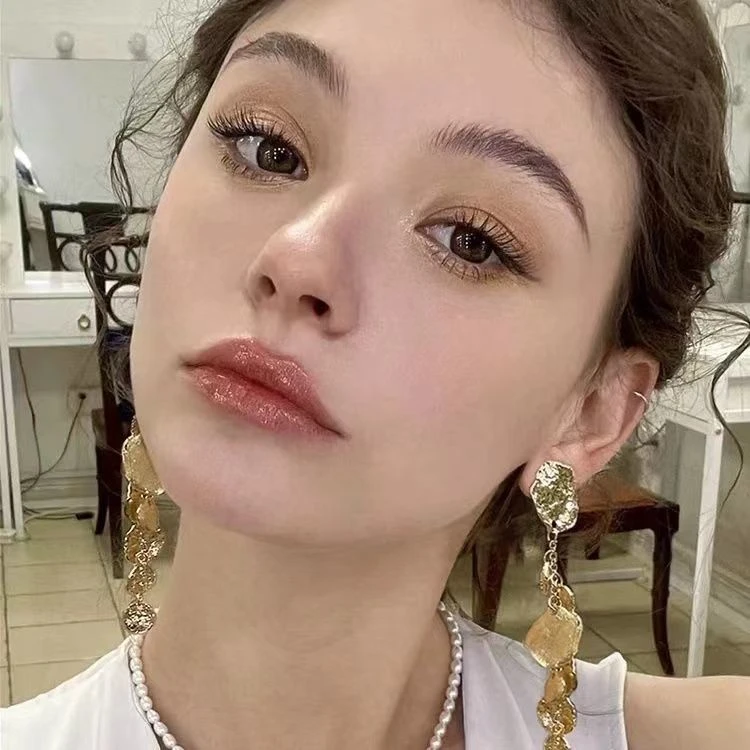 金色褶皱圆片流苏耳环女欧美气质方圆脸金属长款耳夹小众轻奢耳饰