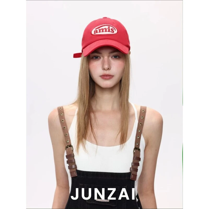 JUNZAI吸晴指南~显白红色棒球帽子女韩版ins百搭休闲软顶鸭舌帽显