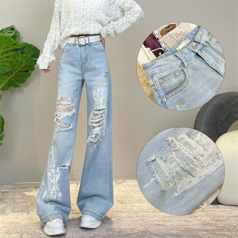 迪否蕾丝镂空破洞牛仔裤女2025新款裤子窄版高腰直筒阔腿裤6035