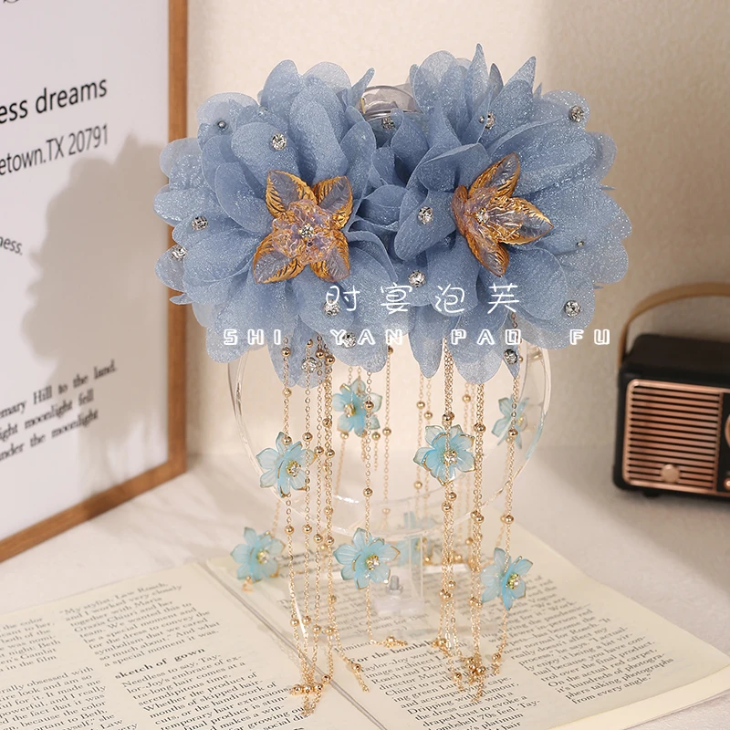 并蒂金莲流苏鲨鱼夹新年复古风国风莲花盘发头饰发夹超仙发饰女