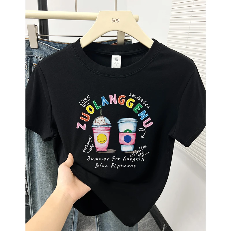 正肩显瘦短袖T恤女夏季2025新款韩版小个子时尚印花休闲圆领上衣