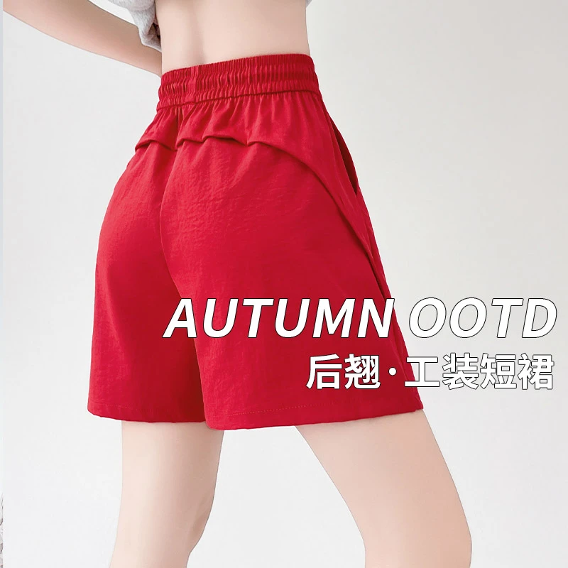 红色速干工装短裤女夏季薄2025年新款高腰中裤宽松显瘦阔腿五分裤