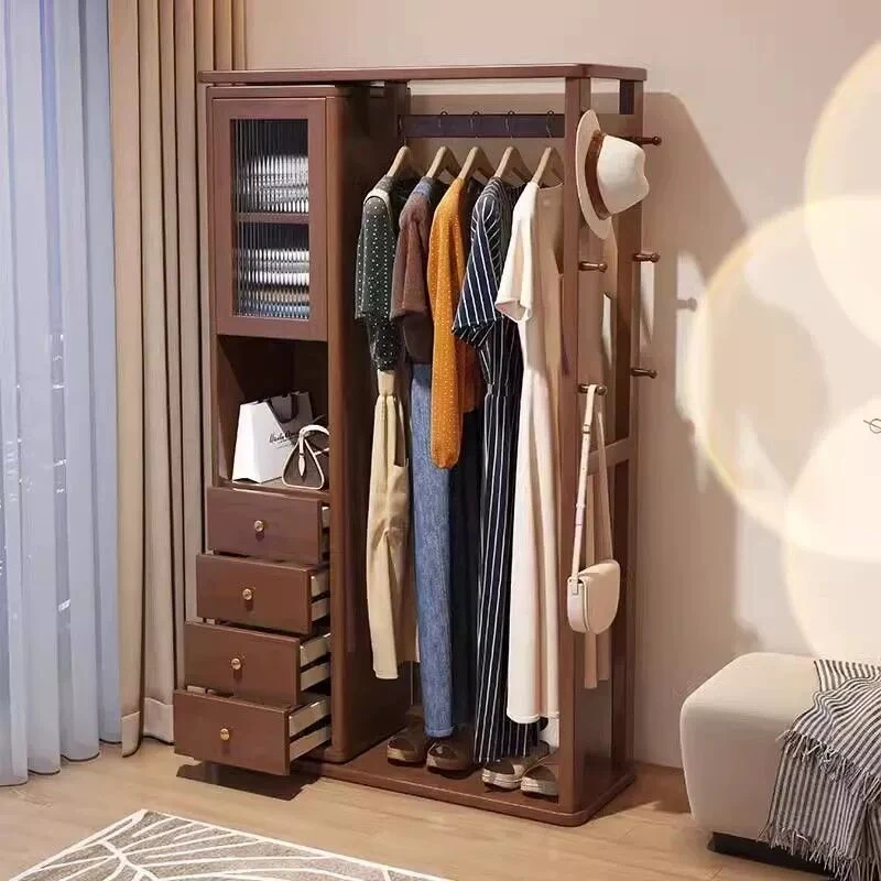 实木挂衣架全身镜一体落地旋转穿衣镜卧室衣帽架带镜子简约置物架
