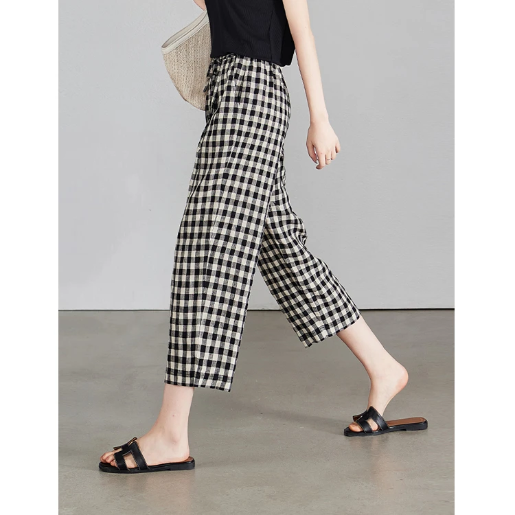 小个子格子九分直筒裤子女新款棉质夏季薄款休闲裤显瘦八分裤子女