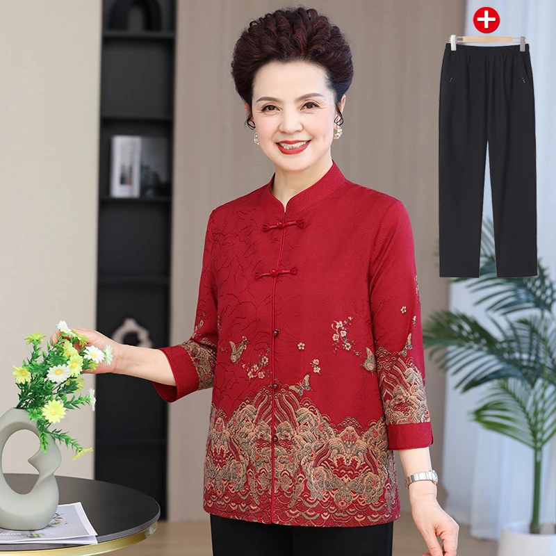 奶奶夏装七分袖衬衫国风妈妈唐装开衫上衣老太太夏季中老年人衣服