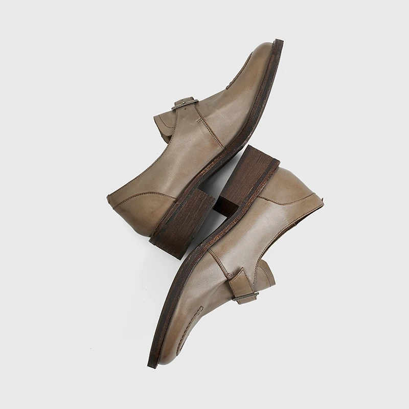 牛皮乐福鞋女一脚蹬复古小皮鞋2025年春季新款粗跟皮带扣圆头单鞋