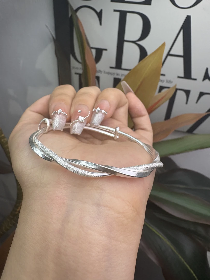 足银手镯 足银手镯 圈口可调节甜美女简约环环相扣原创设计手工