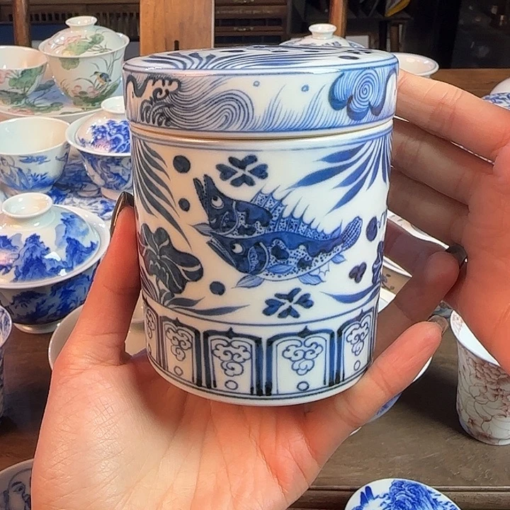 名窑口 鱼藻茶叶罐放漏放漏