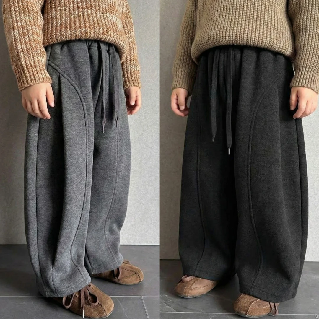 儿童加绒简约休闲弯刀裤2025冬季新款男女童韩版时尚加厚宽松长裤