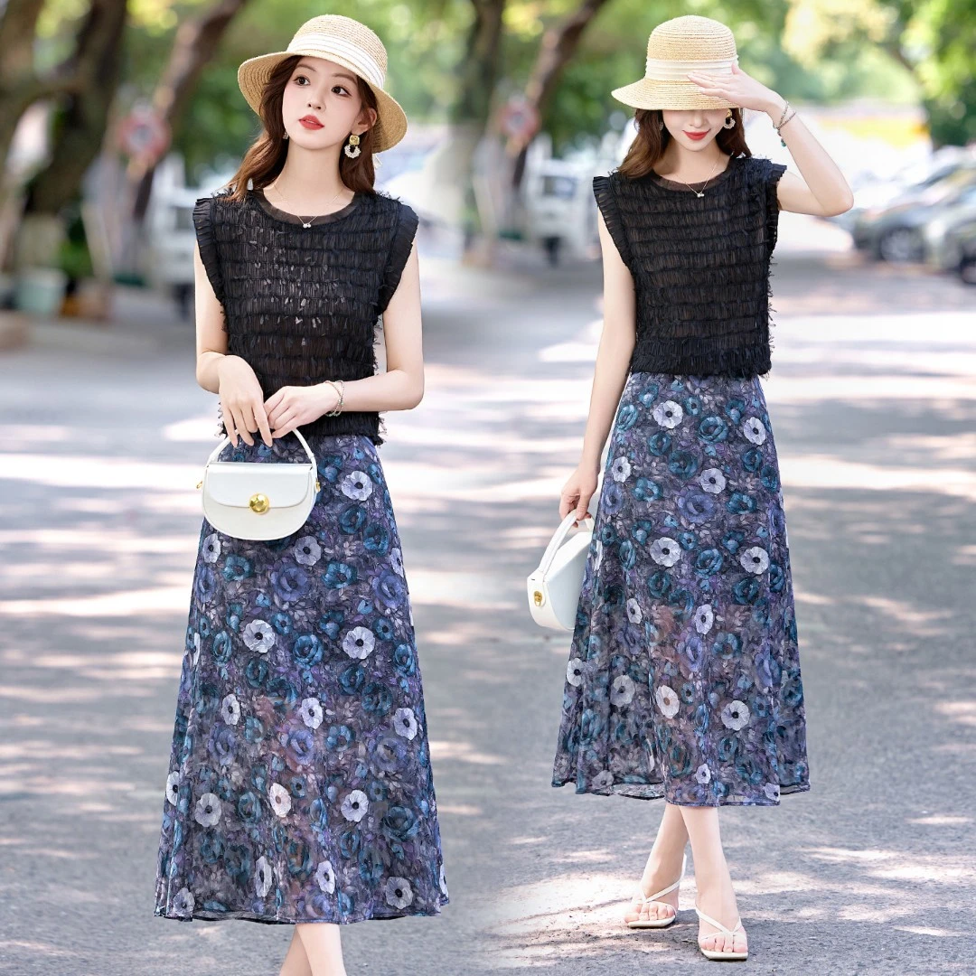 时尚套装裙女2025夏季新款显瘦无袖上衣雪纺半身裙洋气裙子两件套