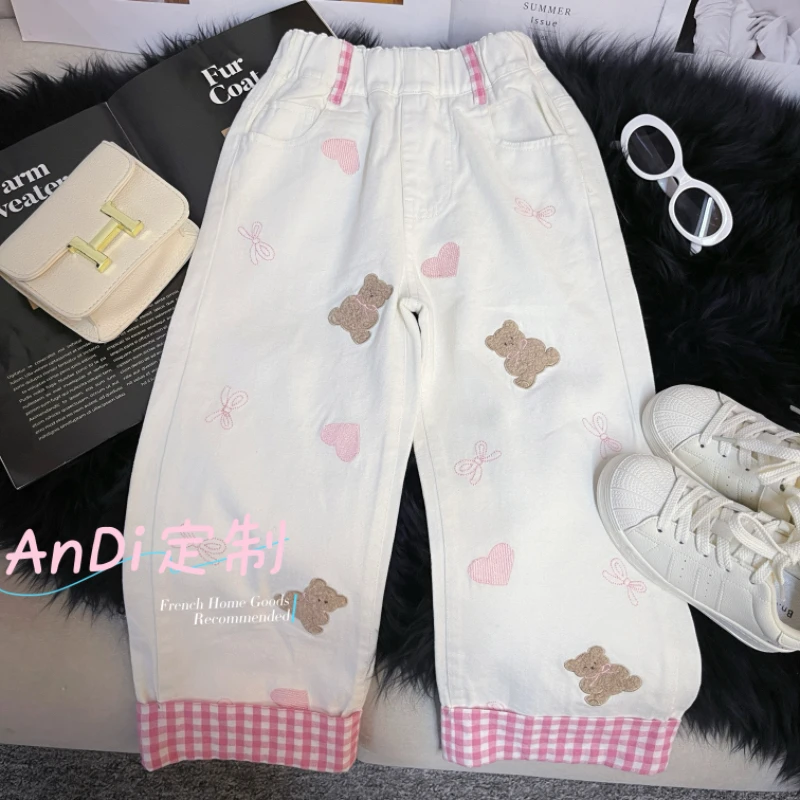 〖ANDI〗订制春季新款女童可爱小熊裤脚拼接格子韩系牛仔裤3527
