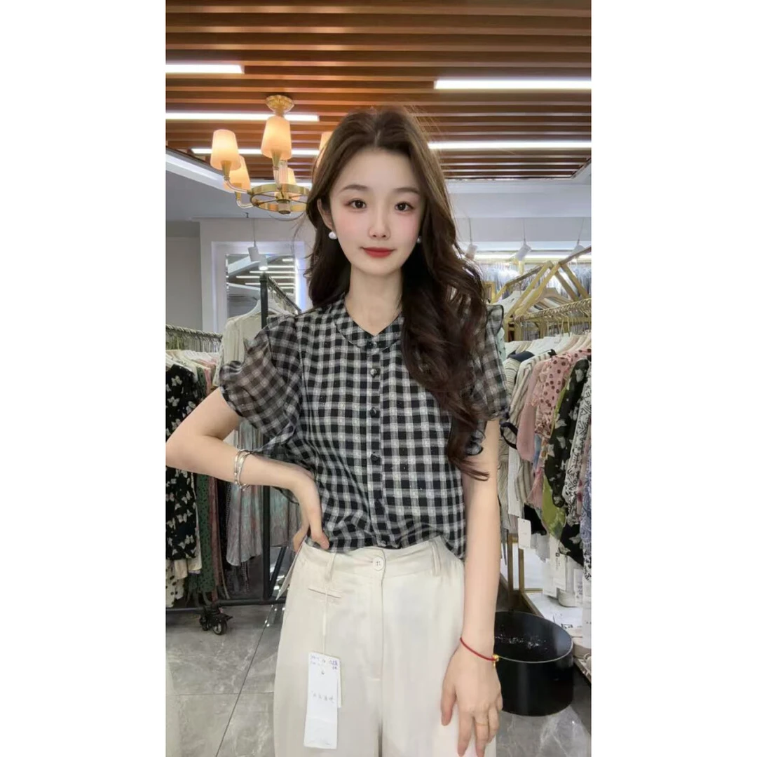 时尚百搭胖mm小众格子泡泡袖衬衫女士2025夏季洋气减龄百搭上衣