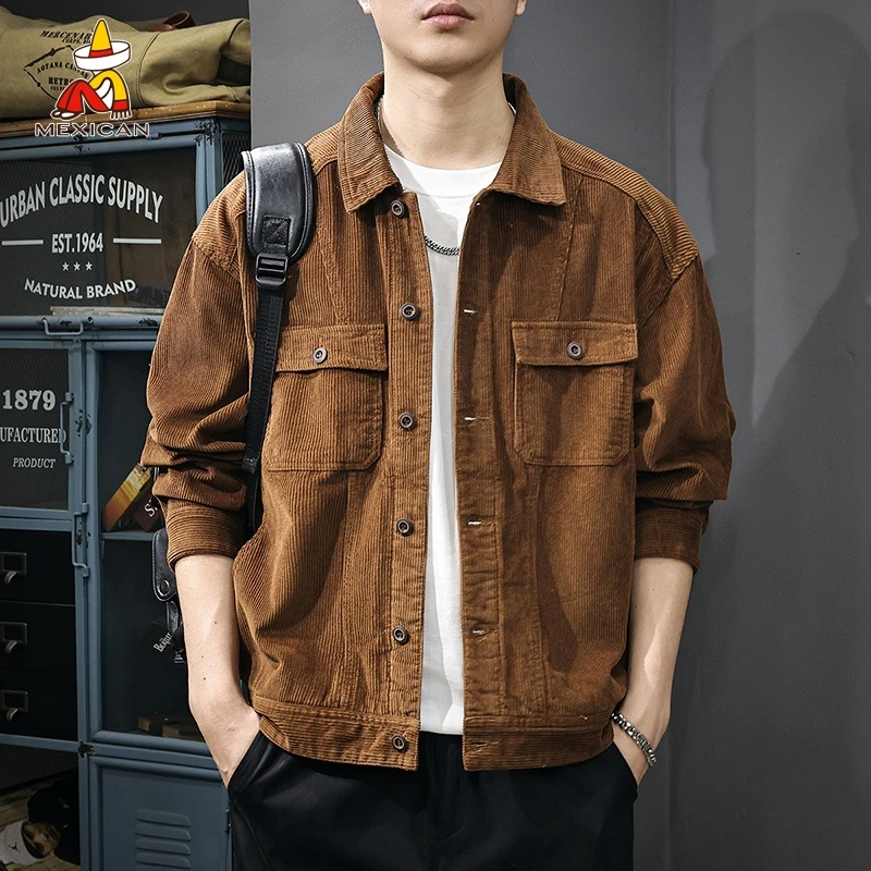 Mexican/稻草人春季灯芯绒工装夹克男款美式复古宽松痞帅纯棉外套