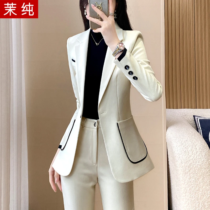 西装外套女春秋新款白色小众设计镶边西服工装气质职业工作服洋气