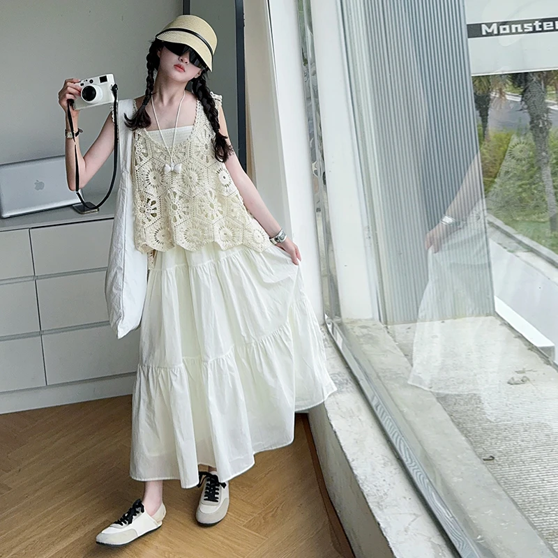 童装女童夏季甜美洋气镂空钩花马甲吊带连衣裙6-12岁15中大童套装