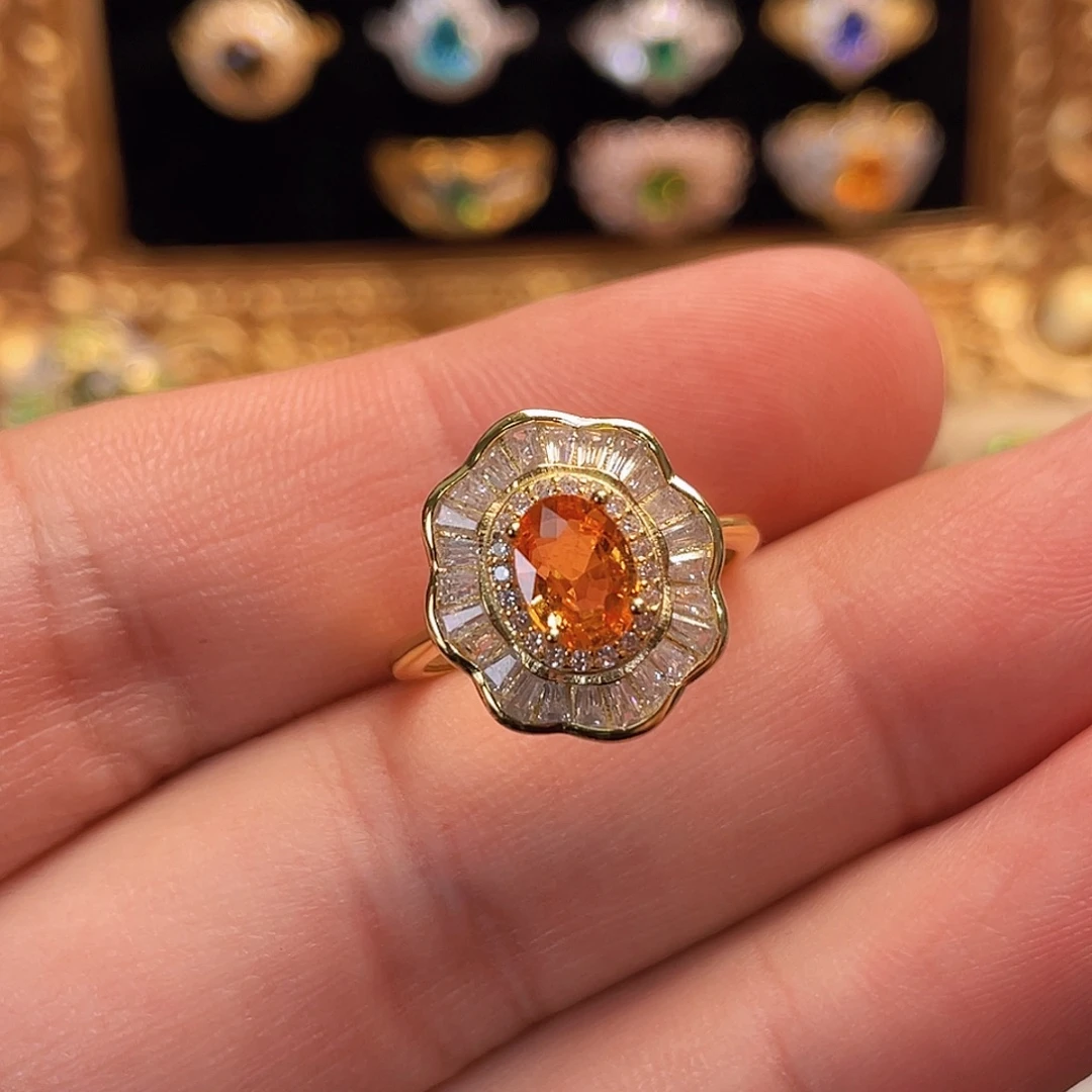 银S925镀金镶嵌戒指石榴石（芬达石）