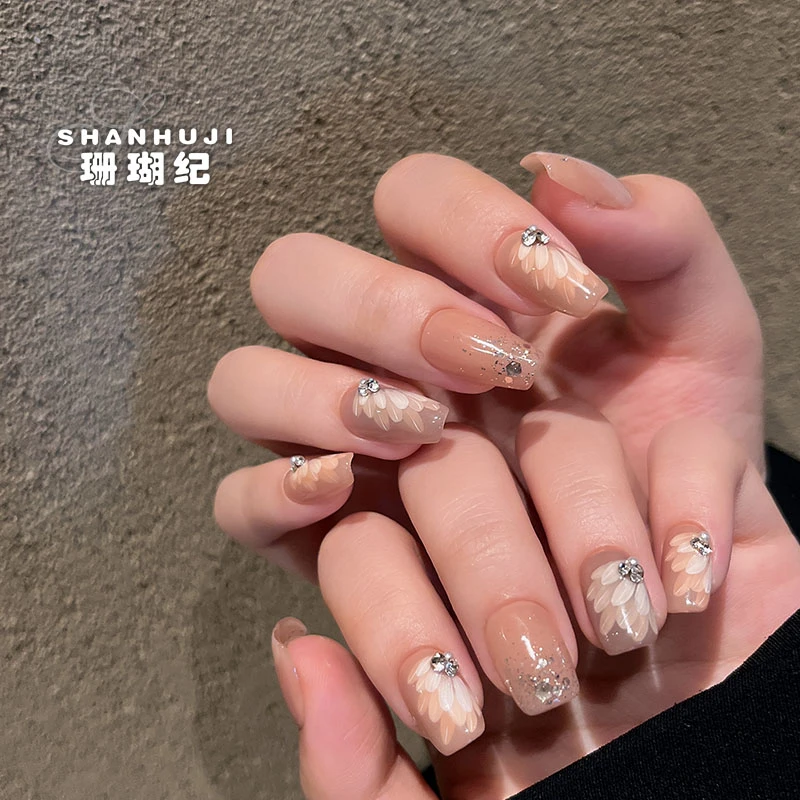 【天使之翼 】珊瑚纪显白美甲气质手绘贴钻温柔纯手工穿戴甲