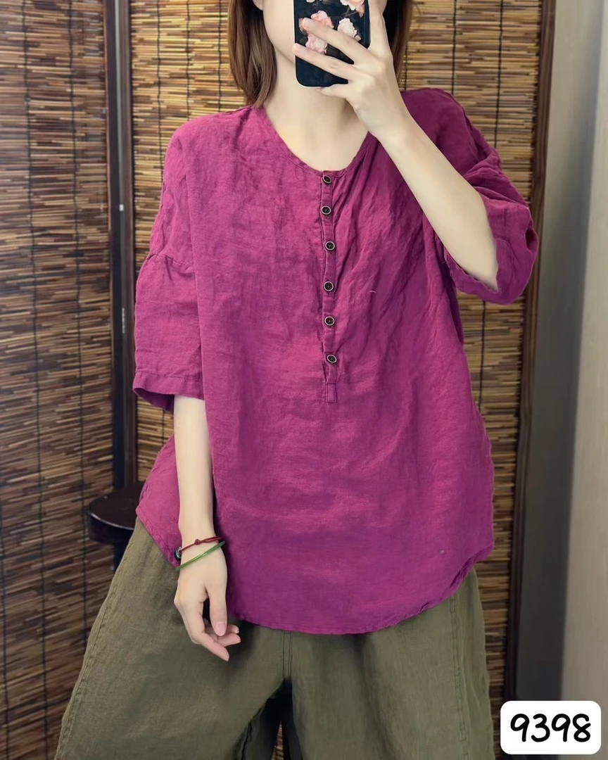 新款纯亚麻简约时尚圆领T恤（衣长72胸围132）夏季大码宽松#9398