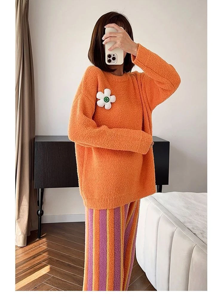 显高显瘦秋冬珊瑚绒睡衣女软绵绵加厚家居服条纹套装冬季保暖贴身