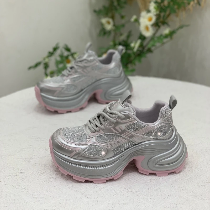 小个子厚底港风老爹鞋女ins潮2025年夏季新款百搭水钻休闲运动鞋