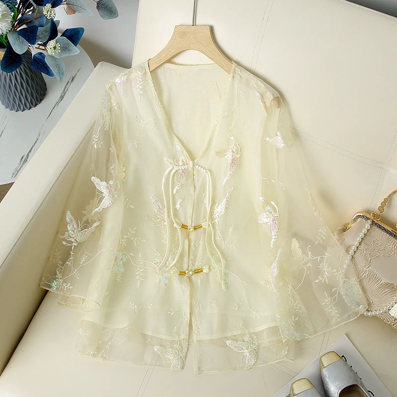 2025夏季新款中式国风减龄防晒薄款外套重工刺绣盘扣宽松修身上衣