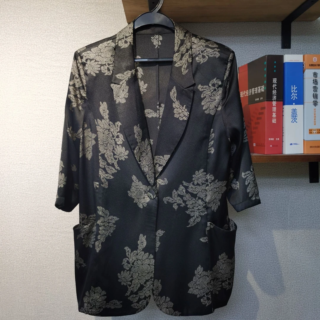 夏季新款西服印花气质五分袖上衣高级感百搭外套套装24107